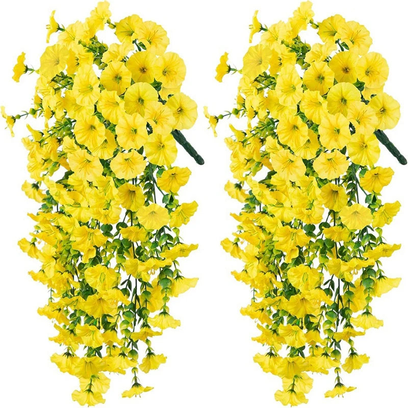 A bundle of bright yellow artificial morning glory hanging vine flowers for home and wedding decor.