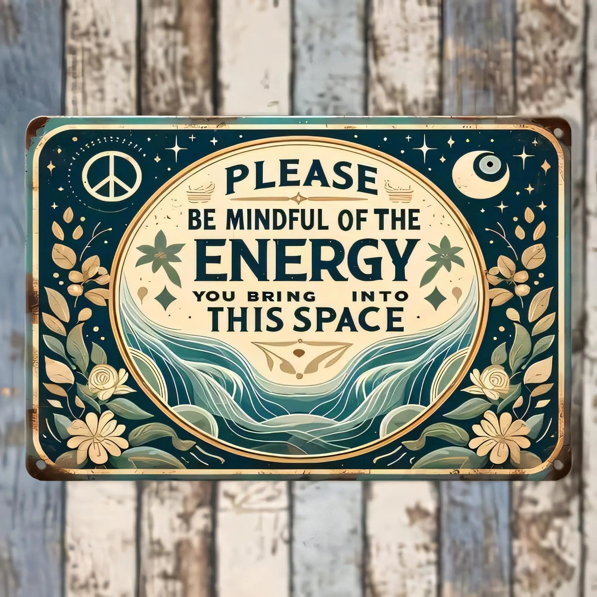 Vintage metal wall sign with a dark teal background featuring a peace symbol, moon, and text reminding viewers to be mindful 