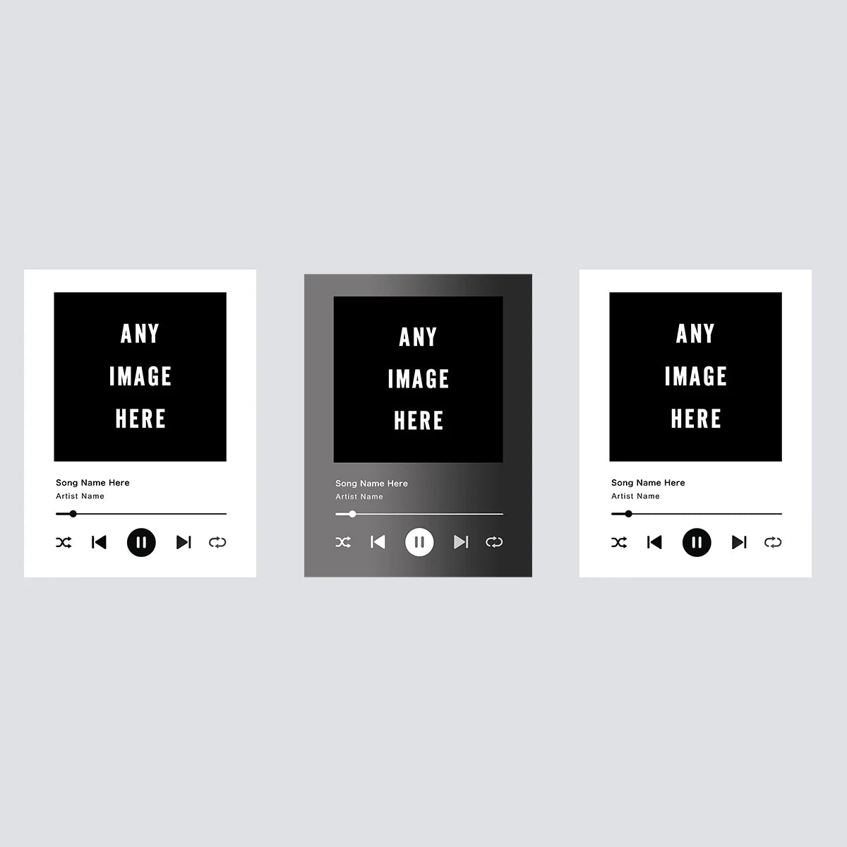 Three rectangular black panels with the text Any Image Here and audio playback controls.