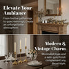 A set of modern metal taper candle holders with a satin gold finish displayed on a wooden mantelpiece and table.