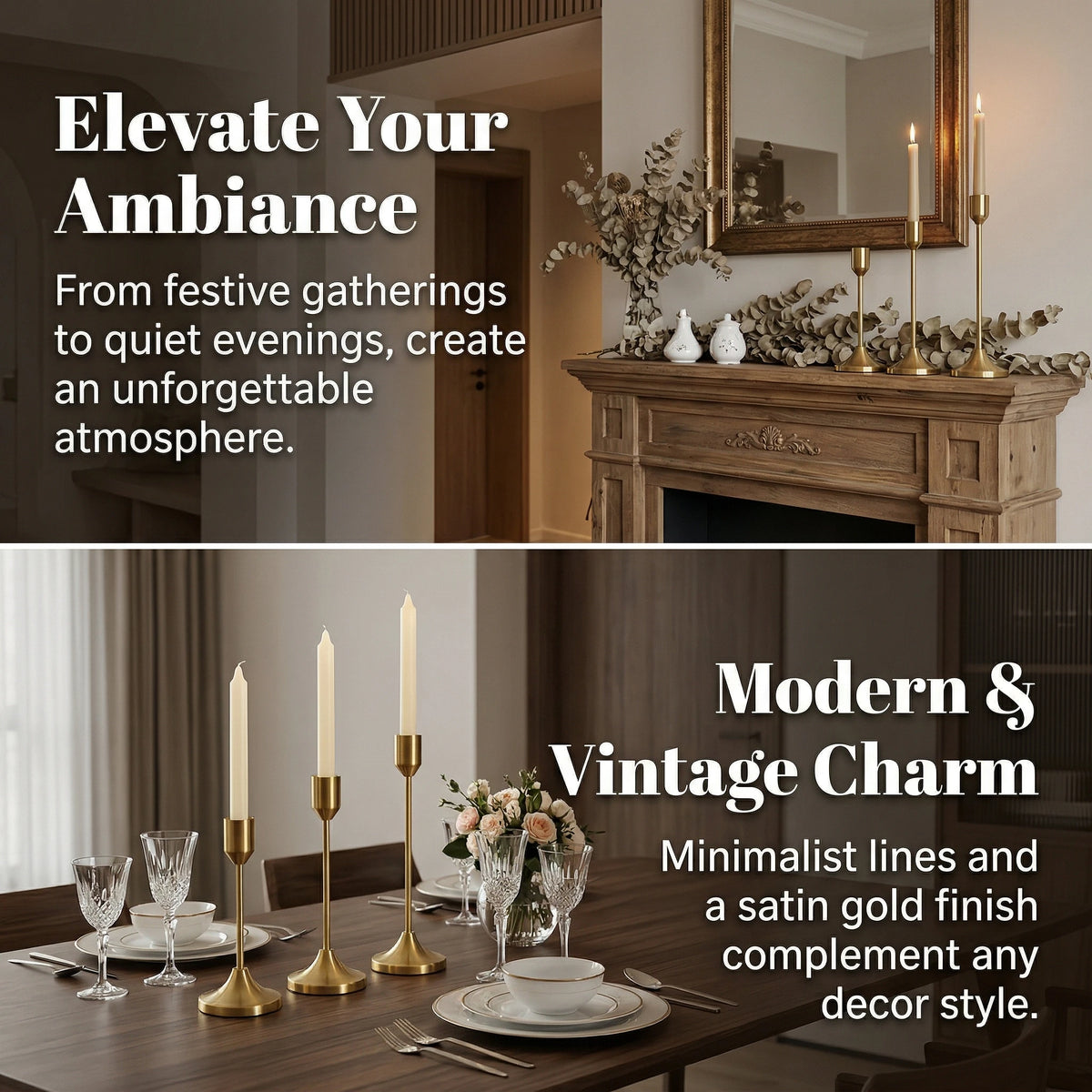 A set of modern metal taper candle holders with a satin gold finish displayed on a wooden mantelpiece and table.