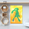 A vibrant yellow background features a green, elongated cartoon creature with a large eye, displayed in a wooden shelf settin