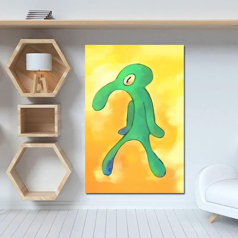 A vibrant yellow background features a green, elongated cartoon creature with a large eye, displayed in a wooden shelf settin