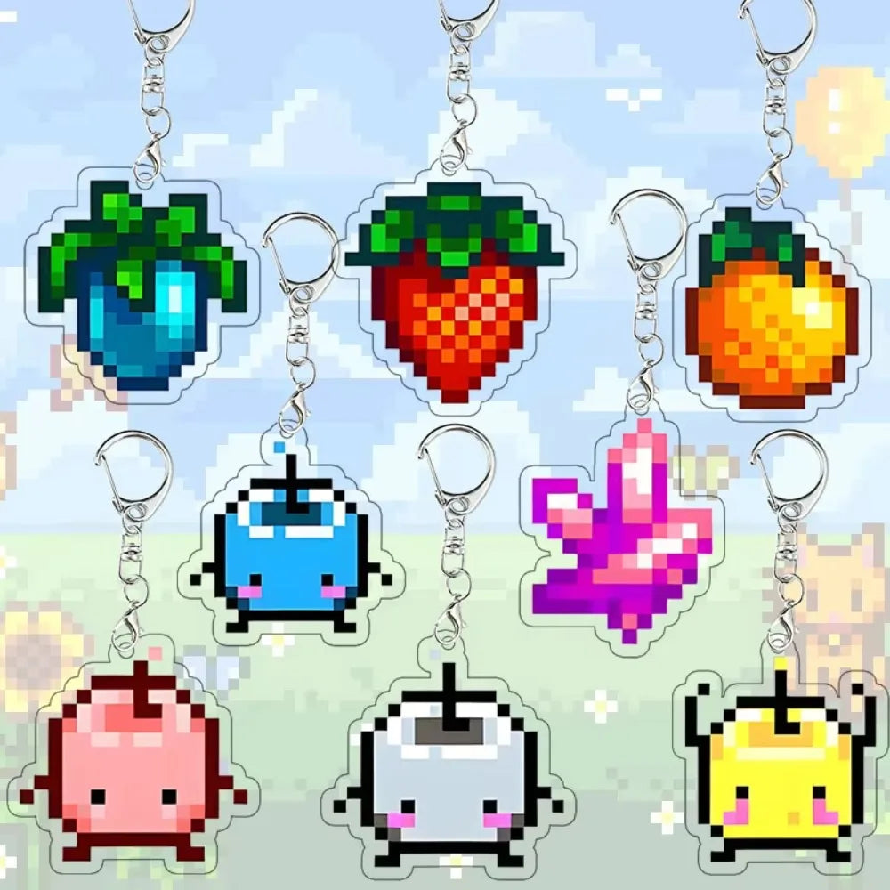 A set of acrylic keychain charms featuring various characters from Stardew Valley