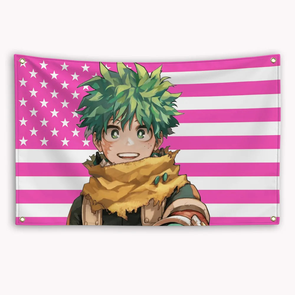 Anime character Bakugou Katsuki in a green spiky hairstyle wearing a yellow scarf against a pink and white striped American f