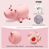 A pink piggy bank with a cartoon pig design shown next to its disassembled parts and features.