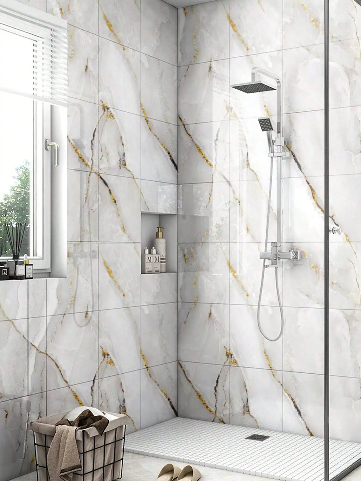 White marble peel-and-stick wall panels featuring gold veining in a modern bathroom setting