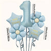 A set of light blue foil balloons, including a number one and several flower shapes, for birthday celebrations.
