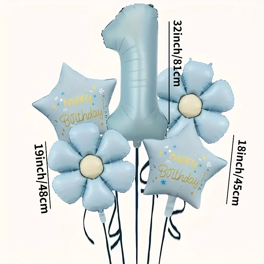 A set of light blue foil balloons, including a number one and several flower shapes, for birthday celebrations.