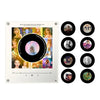 A white rectangular product display showing a retro NFC music box night light with rotating disc and several circular discs.