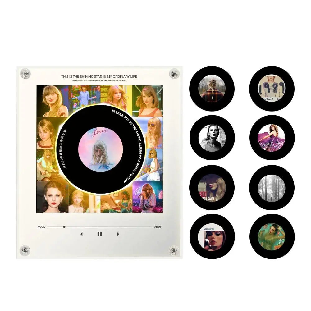 A white rectangular product display showing a retro NFC music box night light with rotating disc and several circular discs.