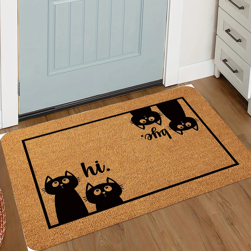 A brown doormat featuring black silhouettes of cats with knives and the text hi bye