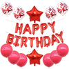 A set of pink and blue foil letter balloons shaped like a birthday star and letters for a party decoration.