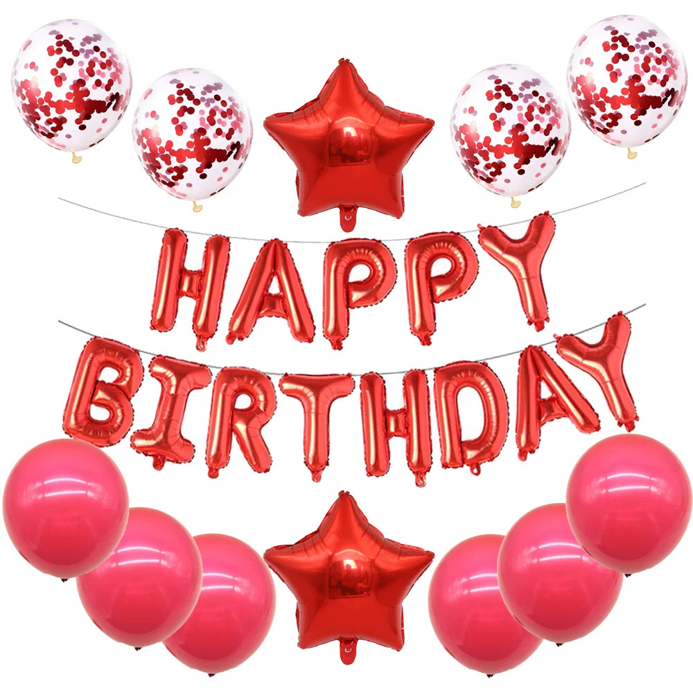 A set of pink and blue foil letter balloons shaped like a birthday star and letters for a party decoration.