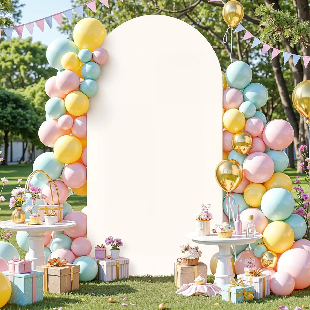 A white arch backdrop decorated with a vertical arrangement of pastel balloons and floral accents for wedding or party decor.