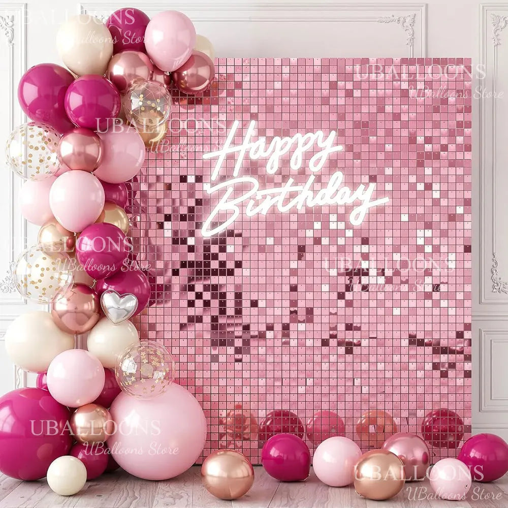 Pink shimmer sequins wall backdrop panels for party decor featuring various pink and gold balloons