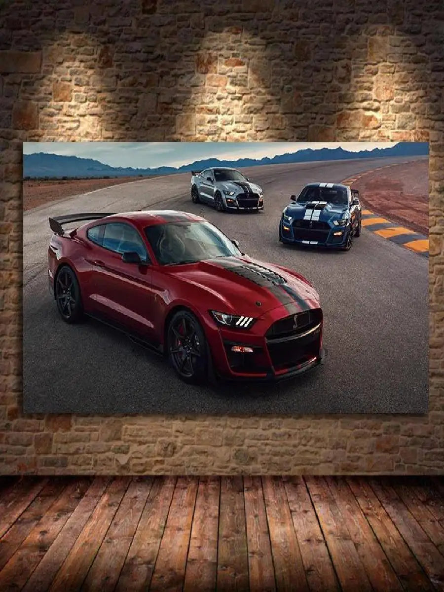 Red Ford Mustang Shelby GT canvas wall art parked on an asphalt road with mountains in the background.