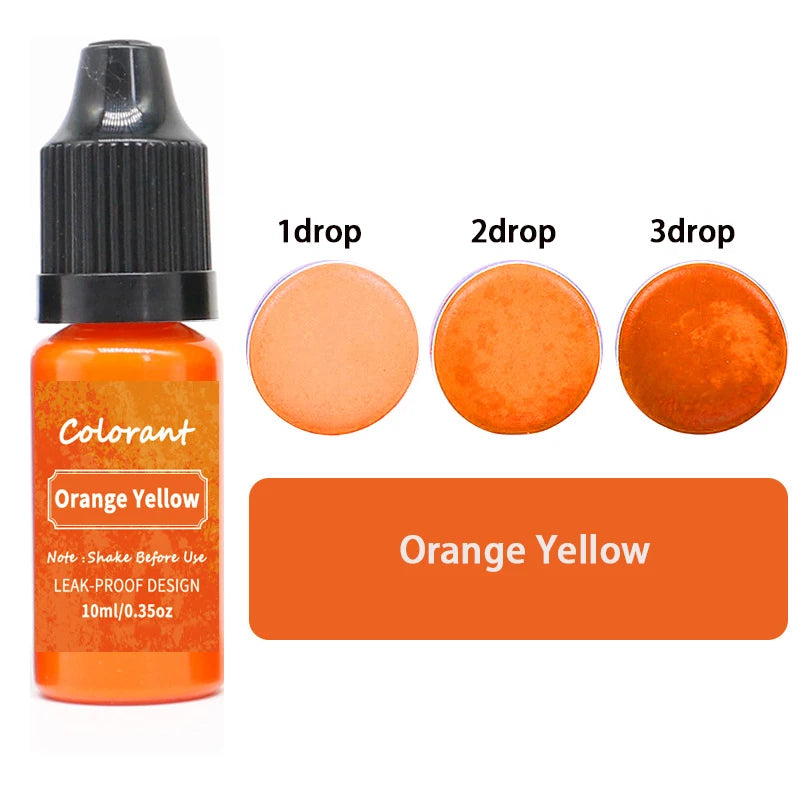 A bottle of Orange Yellow liquid candle dye pigment with three dropper sizes showing different concentrations.