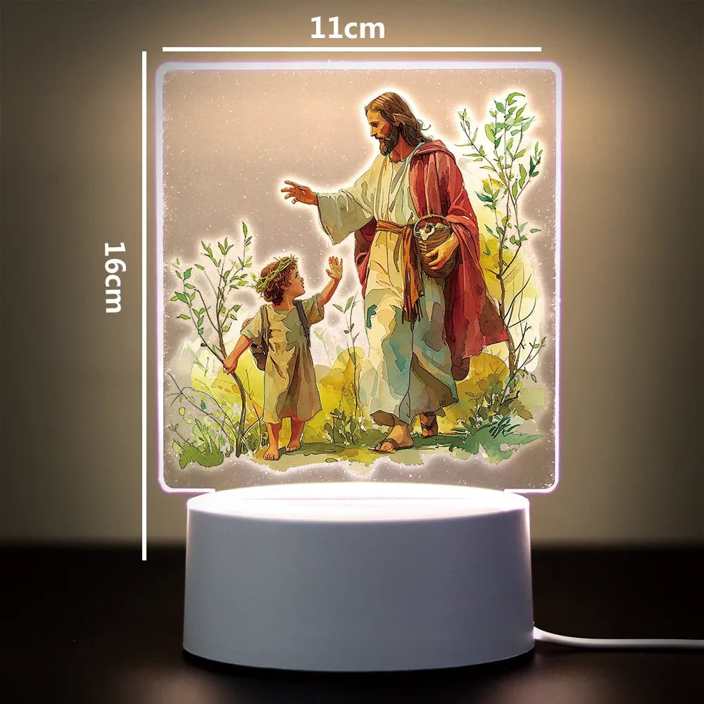 A 3D LED night light featuring a painting of Jesus and a child, illuminated with soft light.