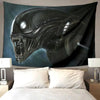 A dark, menacing alien head tapestry wall hanging featuring a detailed depiction of an alien creature.