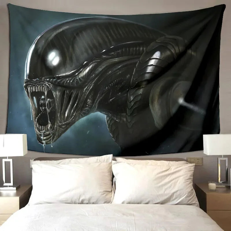 A dark, menacing alien head tapestry wall hanging featuring a detailed depiction of an alien creature.