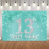 A teal glitter backdrop banner with the number 13 and happy birthday text, decorated with sparkling accents.