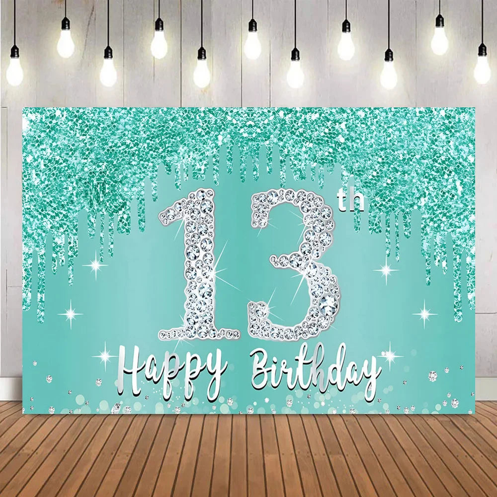 A teal glitter backdrop banner with the number 13 and happy birthday text, decorated with sparkling accents.