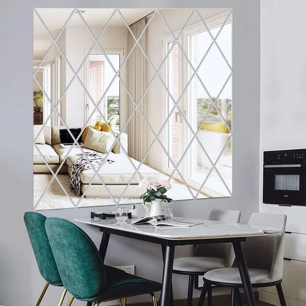 A modern dining room featuring a glass diamond mirror wall sticker reflecting a living area and a kitchen appliance.