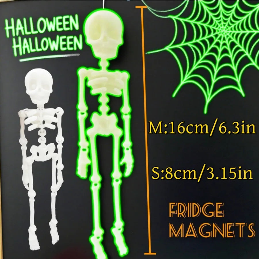 A set of poseable magnetic skull fridge magnets in white and neon green.