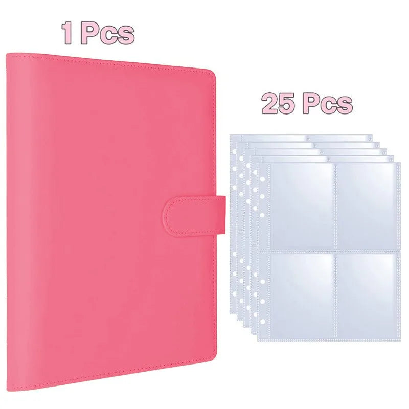 A pink reusable A5 Kpop photocard album binder with 1 piece and 25 clear plastic sleeves.