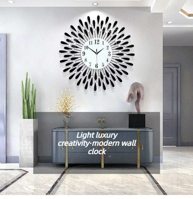 A modern minimalist metal wall clock with a spiky design mounted on a white wall.