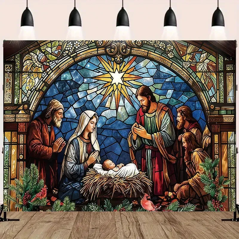A tapestry wall art depicting a nativity scene with Mary, Joseph, and the baby Jesus surrounded by stars and foliage.