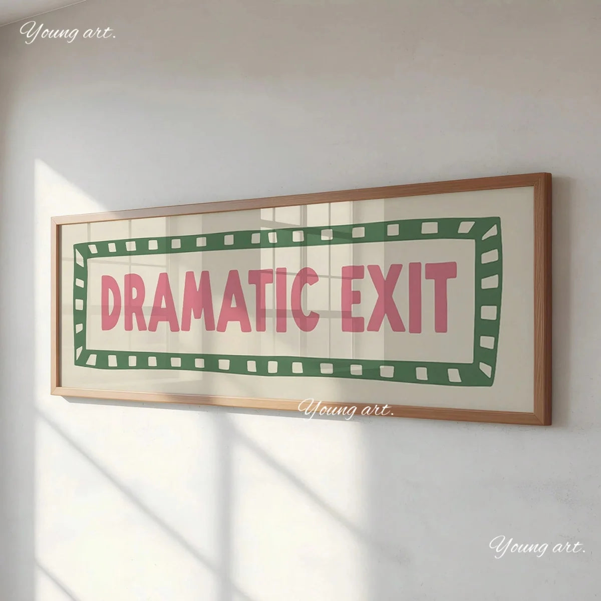 A framed canvas print featuring the text Dramatic Exit in pink lettering on a green striped background.
