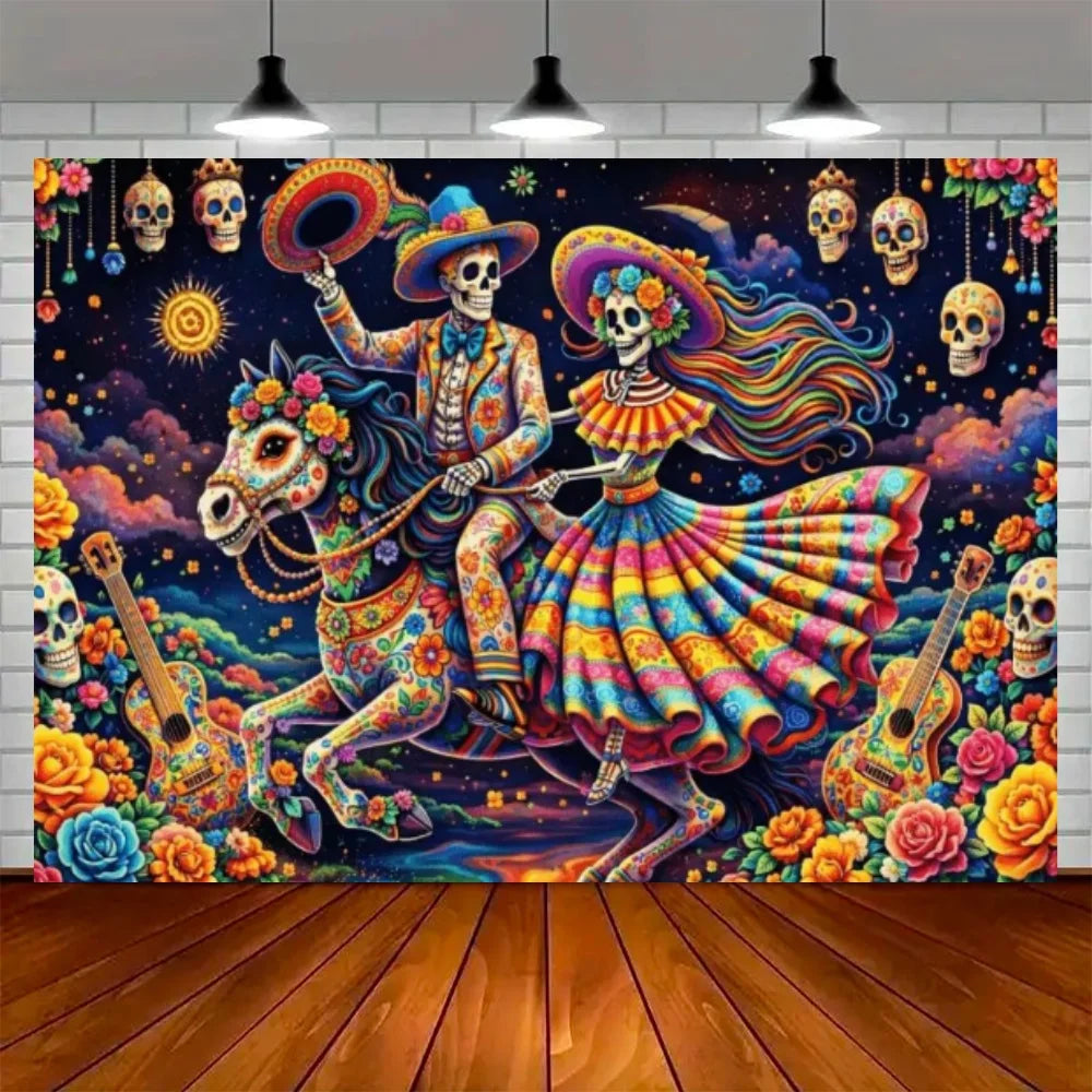 Day of the Dead Skeleton Carnival Backdrop for Halloween Party Decorations