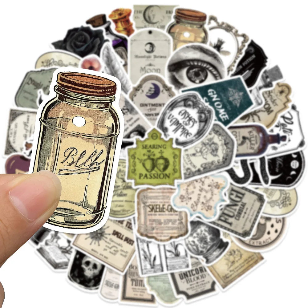 A circular arrangement of vintage Halloween potion bottle labels and retro horror stickers.