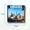 A magnet featuring a cityscape of Dallas, Texas, including prominent skyscrapers and a road.