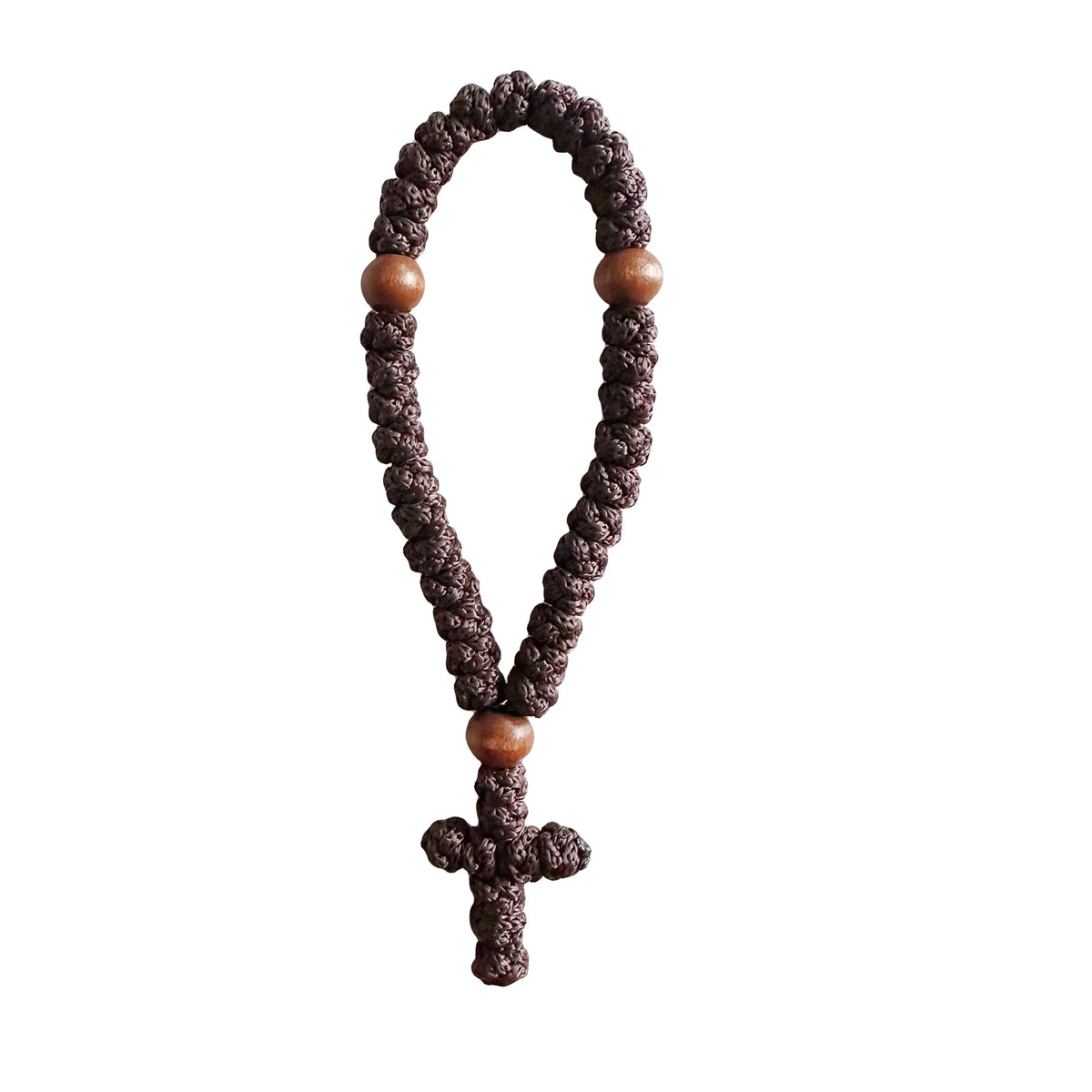Handmade 33-knot Orthodox prayer rope with a cross charm made of dark brown beads.