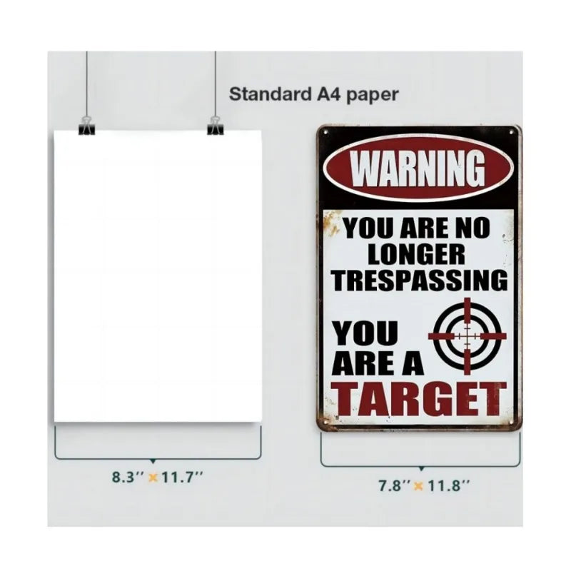 A vintage metal tin sign with a warning label that reads You are no longer trespassing you are a target