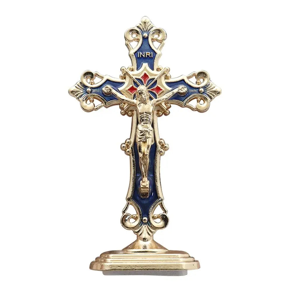 Golden Crucifix Figurine with Enamel Accents