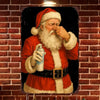 A vintage funny art parody metal tin sign depicting Santa Claus with a beard and red suit.