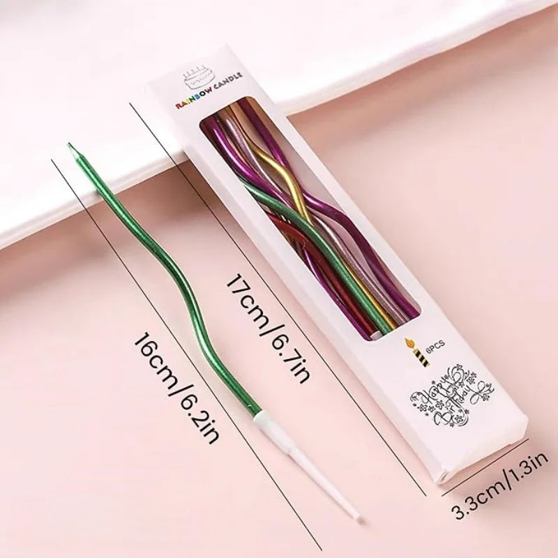 A package of rainbow colored curved metallic birthday cake candles with measuring lines.