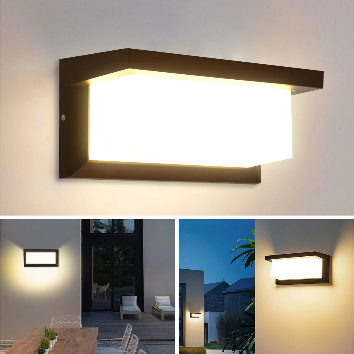 A modern rectangular LED wall sconce with a black frame and bright white light mounted on a light gray wall.