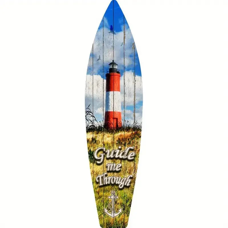A wooden wall decor sign shaped like a surfboard featuring a lighthouse and the text Guide me through.