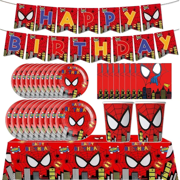 Red superhero themed birthday party tableware and decoration kit featuring masks and cityscape designs