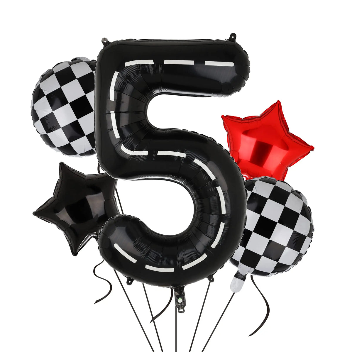 Black foil number 5 balloon and a red star balloon for birthday party decorations