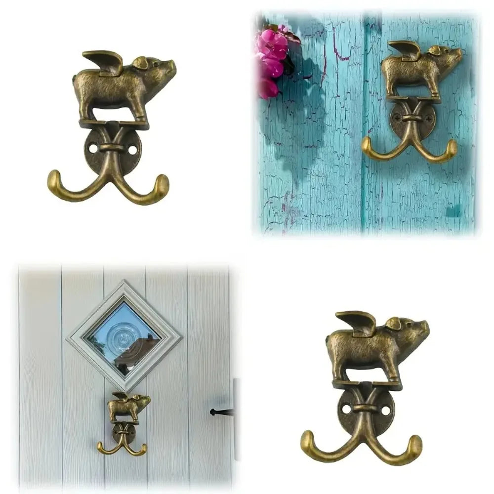 A set of decorative brass metal wall hooks shaped like a ram or goat, shown in various contexts.
