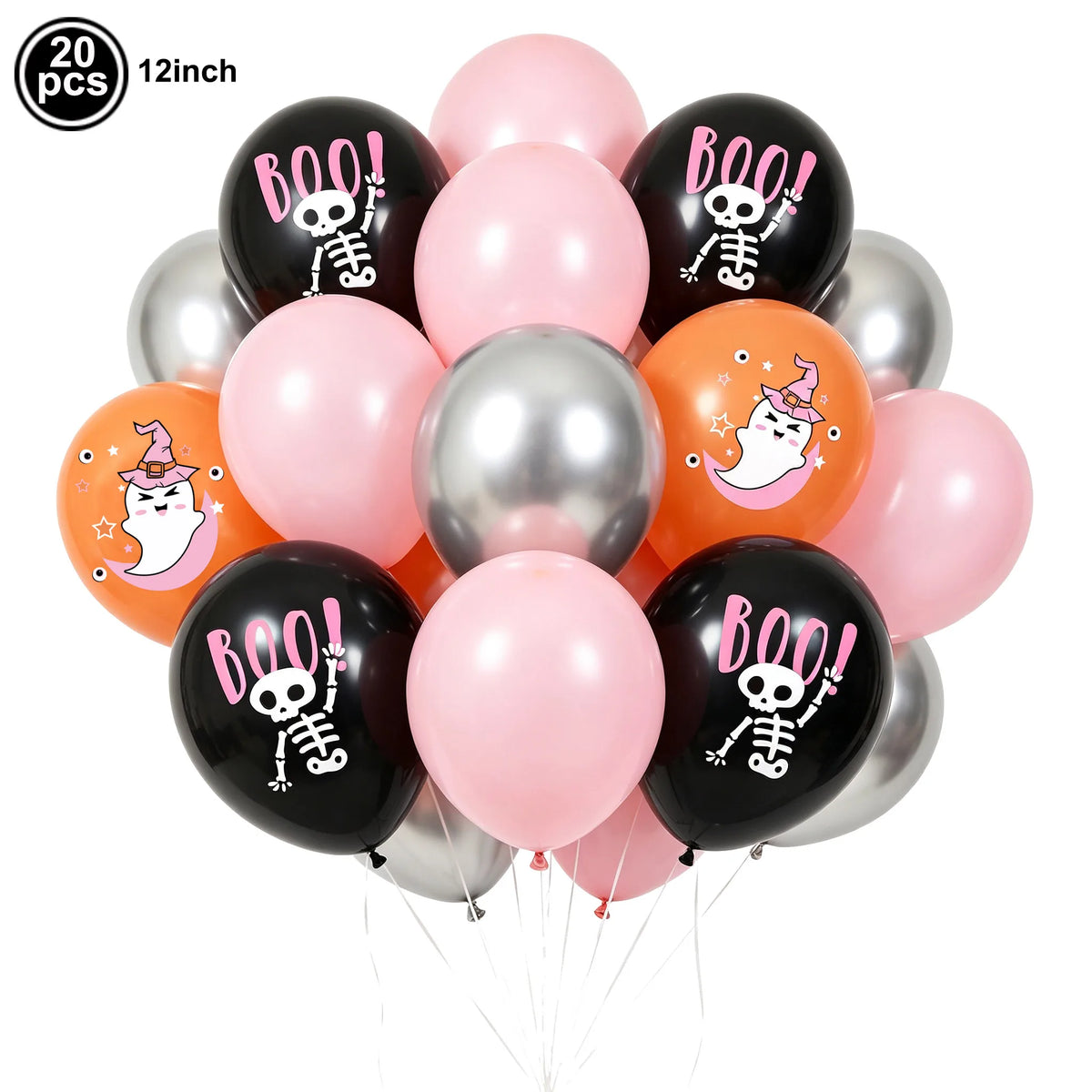 A bunch of 20 balloons featuring black and pink ghost designs for a Halloween party