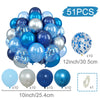A kit of 51 balloons including blue and silver metallic balloons with confetti accents, various sizes, and a balloon ring.