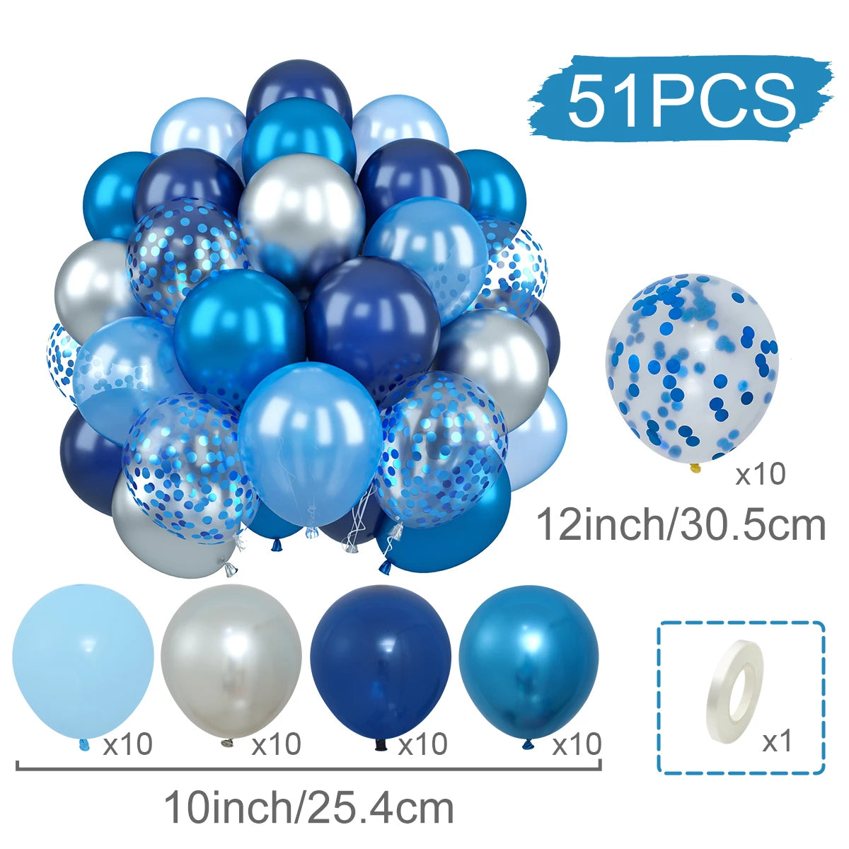 A kit of 51 balloons including blue and silver metallic balloons with confetti accents, various sizes, and a balloon ring.