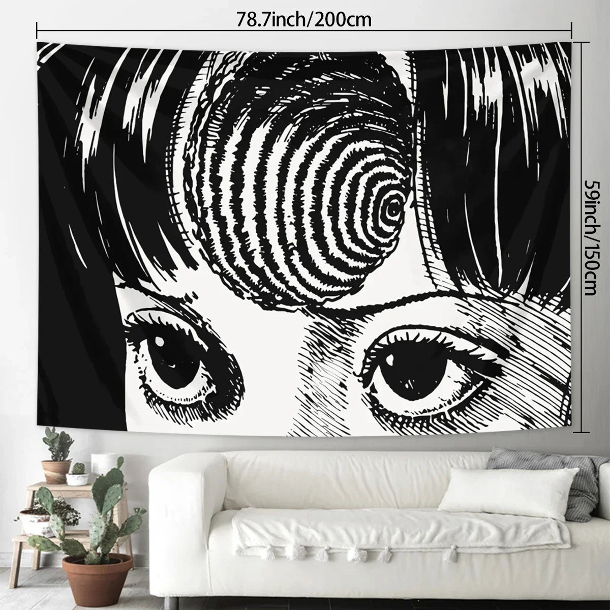 A black and white tapestry wall hanging featuring a stylized, intense eye design inspired by Junji Ito manga.